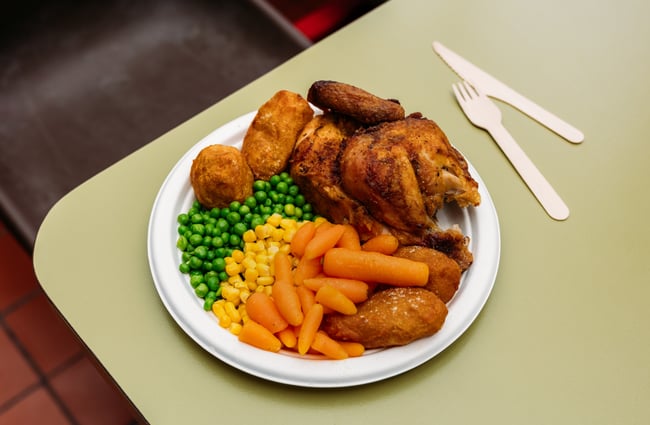 A close up of chicken and vegetables on a plate.