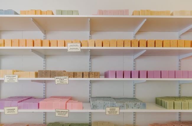 Shelves of colourful soaps at Global Soap, Nelson.