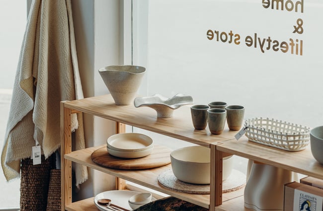Homewares on shelves inside Goldie home store in Lower Hutt.