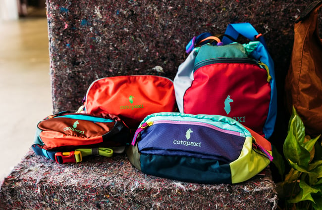Colourful bum bags on display.