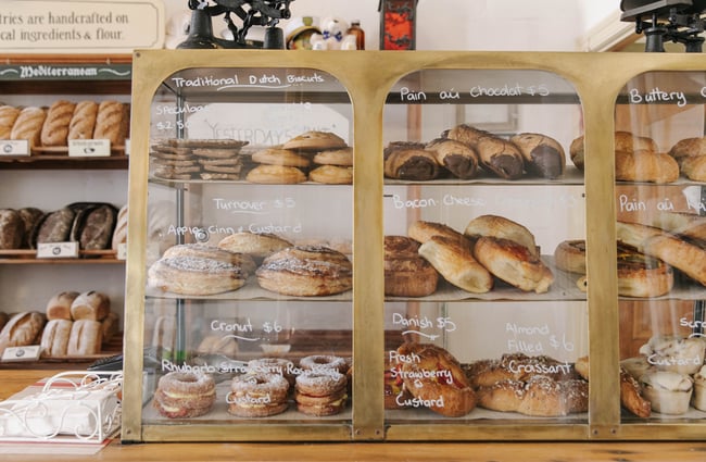 Pastries in a cabinet at Deja Moo & Harbour Street Bakery in Ōamaru.