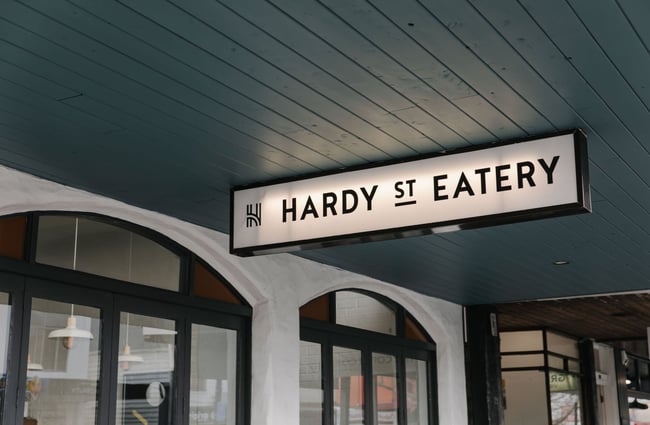 Exterior sign at Hardy St Eatery.
