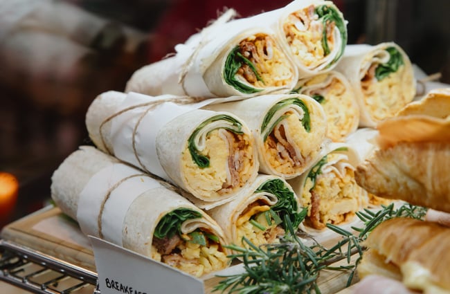 Close up of the egg-filled wraps in the cabinet.