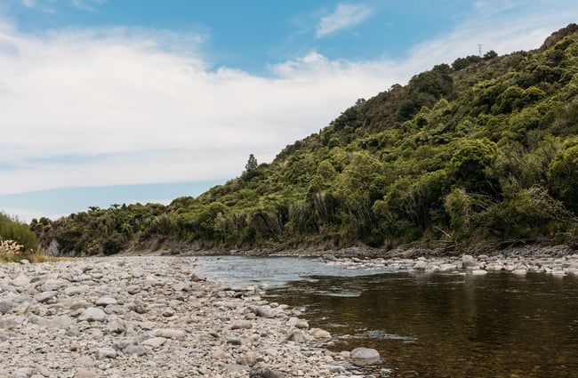 River running through Kaitoke Regional Park next to a stoney bak