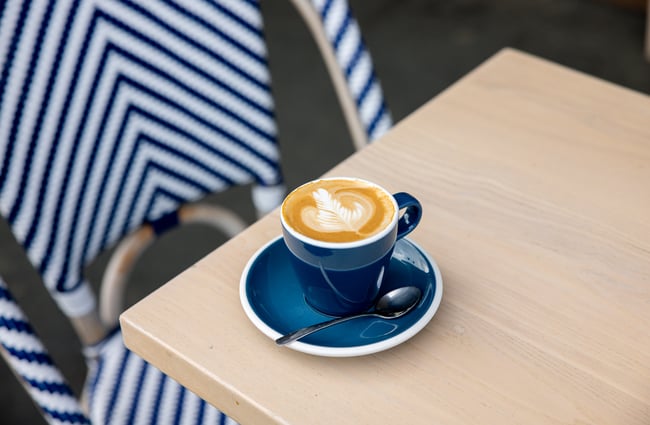 A flat white on a table.