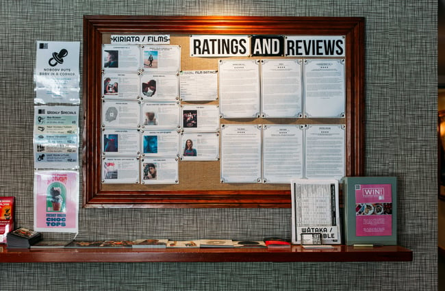 A pinboard of ratings and reviews on a wall.