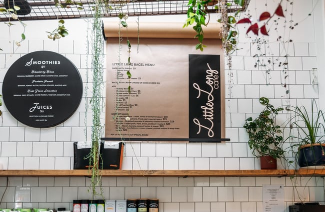 White tiled walls inside a cafe with plants hanging from the ceiling.