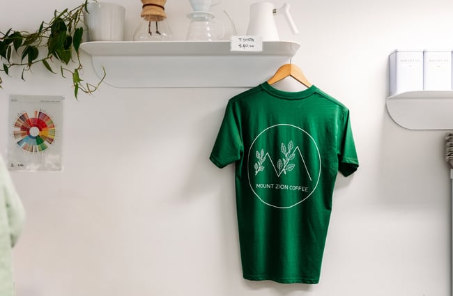 A green t-shirt on a white wall.