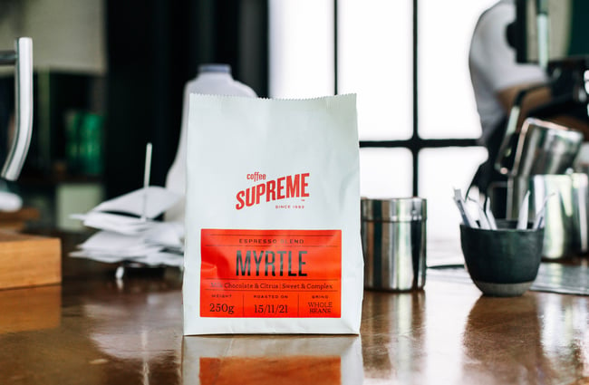 Close up of bag of Myrtle coffee beans from Supreme.