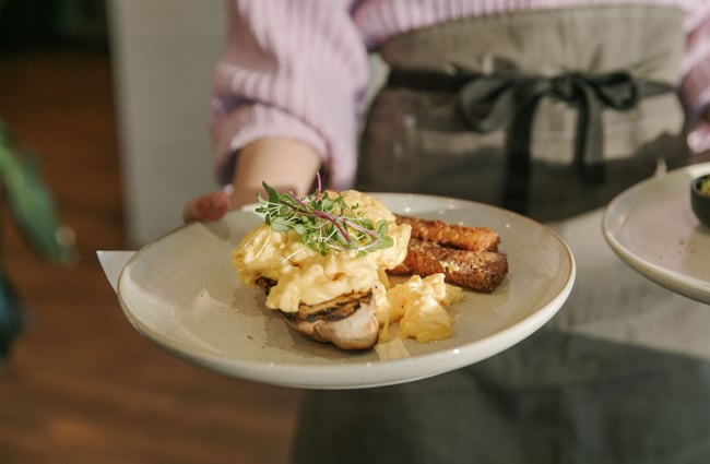 Waitress holding a plate of scrambled eggs with a side of fried halloumi