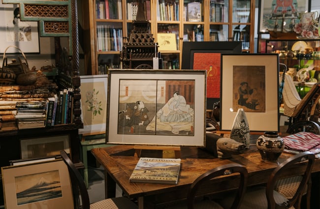 Chinese works of art on display inside the antique store.