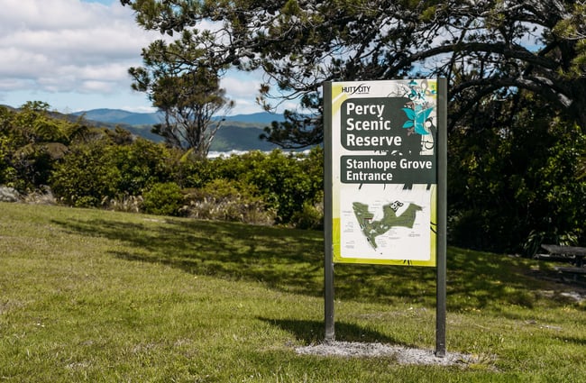 Sign on top of hill for Percy Scenic Reserve