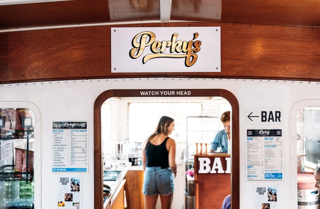A 'Perky's sign inside a boat.