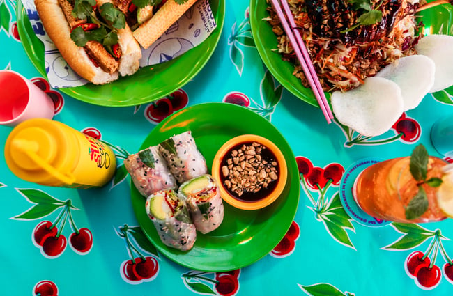 A flatlay of Vietnamese food on a table.