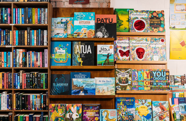 Shelves filled with children's books at independent bookstore in Petone