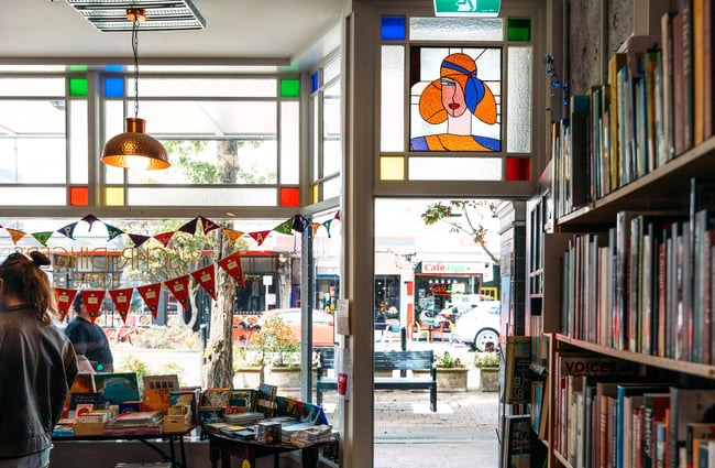 Art deco stained glass windows inside an independent book store