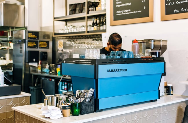 Blue coffee machine at Scotts Epicurean.