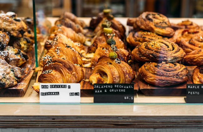 Double-baked savoury-filled croissants on display at the counter at Scroggin, Wānaka.