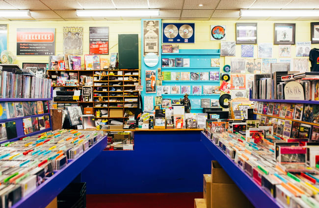Counter area at Slow Boat Records, Wellington.