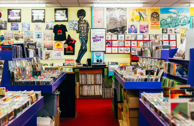View of inside the store at Slow Boat Records, Wellington.