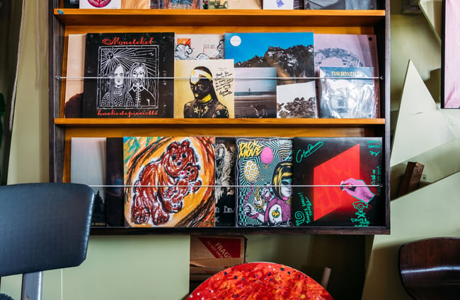 A close up of records lined up on shelves.