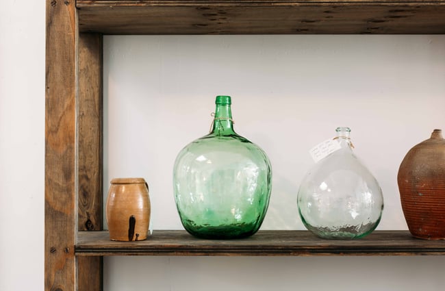 Close up of glass vases.