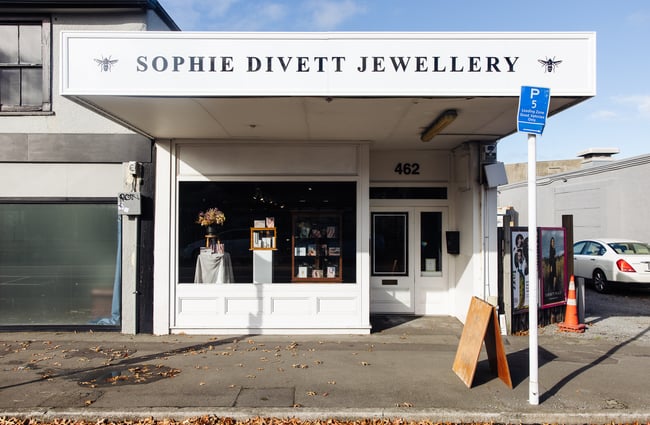 The white exterior of Sophie Divett Jewellery in Christchurch.
