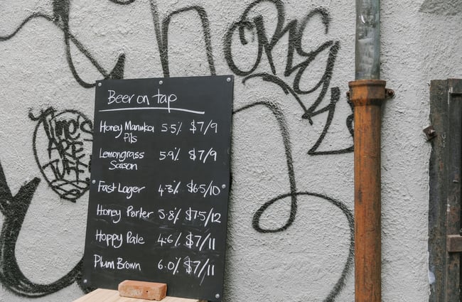 Blackboard menu showing the beers on sale at Steamer Basin, Dunedin.