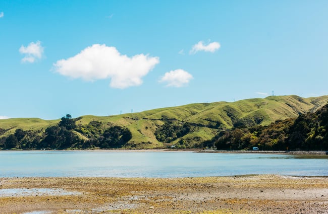 View of rolling green hills on Te Ara Piko Walkway, Porirua.