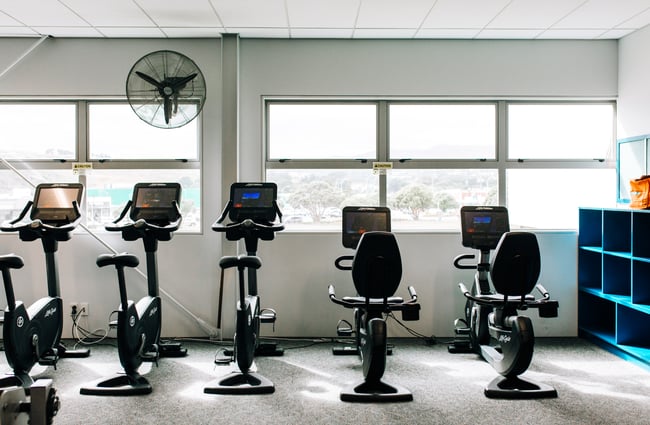 Row of exercise machines.