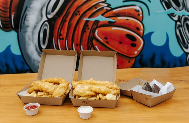 Two cartons of fish and chips at the FishWife in Moeraki.