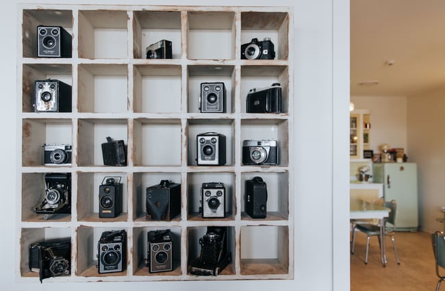 Vintage cameras on display.