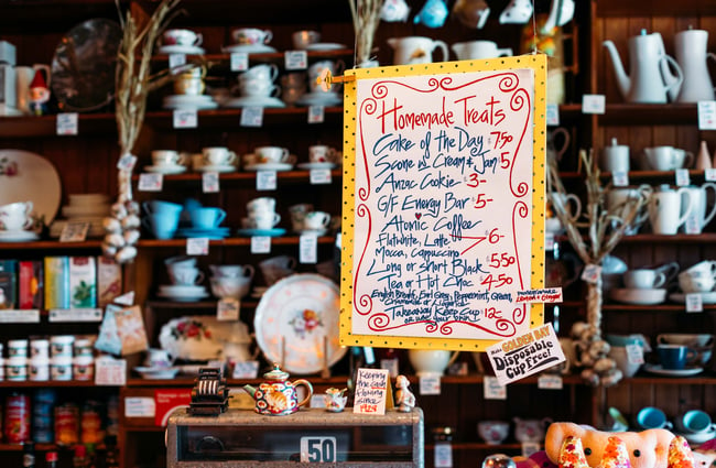 A 'homemade treats' sign hanging from the ceiling.