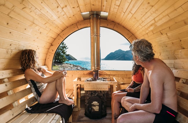Three people inside a sauna looking out towards a lake.