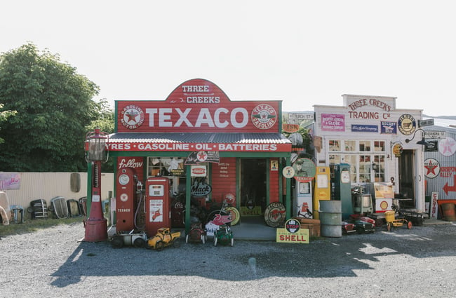 The exterior of a faux retro petrol station at Three Creeks.