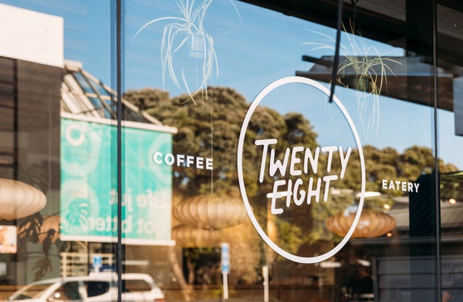 Close up of window decal of Twenty Eight cafe in Lower Hutt
