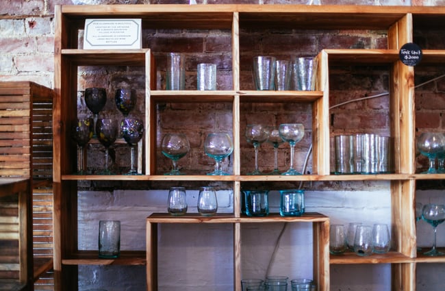 Glassware on shelves.