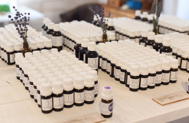 A display of lavender essential oils inside the Lavender Farm gift shop.