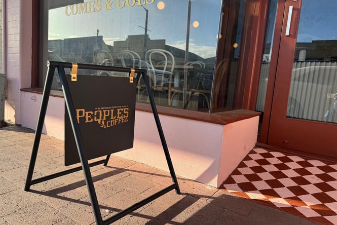 Peoples Coffee footpath sign outside Comes & Goes café in Petone.