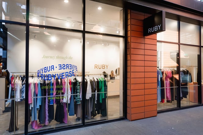 The full-height windows of the exterior of Ruby store in Christchurch.