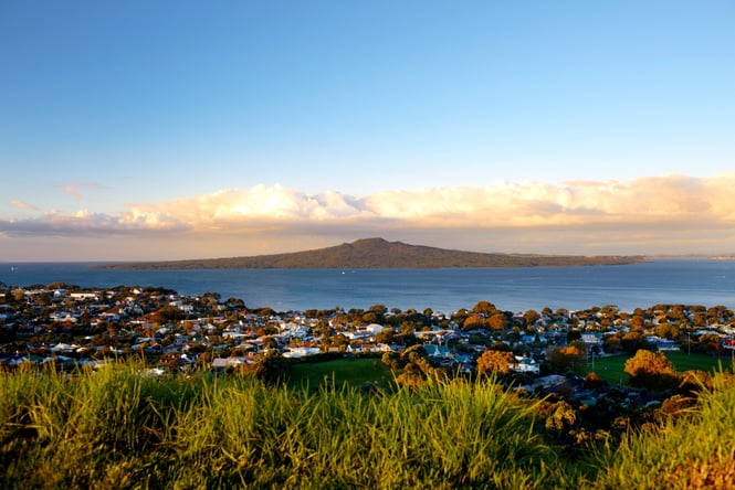 View of Rangitoto Island from the top of Mount Victoria in Auckland