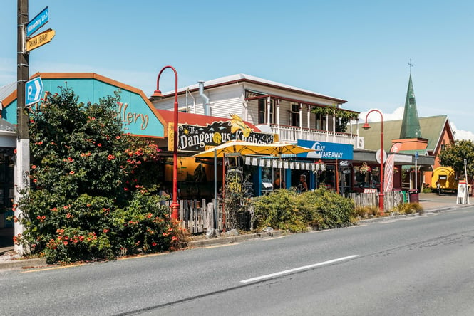 Painted shop signs along Tākaka's main street with greenery along the roadside.