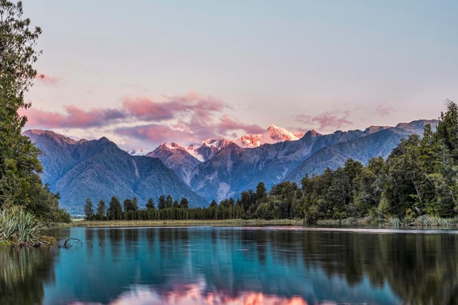 A reflection of Mount Cook in Lake Matheson.