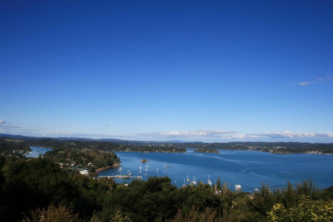 A view of Russell in the Bay of Islands on a clear sunny day.