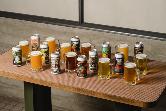 Cans of beer lined up in rows on a table.