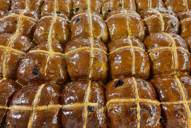 Close up of hot cross buns from Myrtle in Mount Victoria, Wellington.