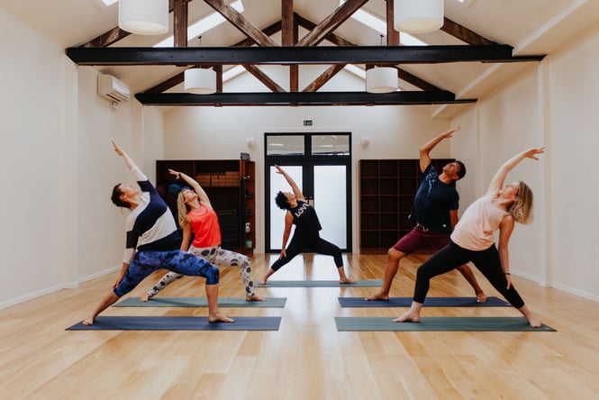 A group of yogis in a sun salute pose in Grassroots yoga studio.