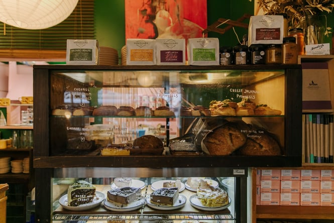 Sweet and savoury baked goods in the glass cabinet at Maggies.