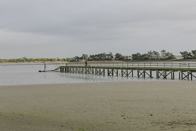 A person biking on a pier on a cloudy day.