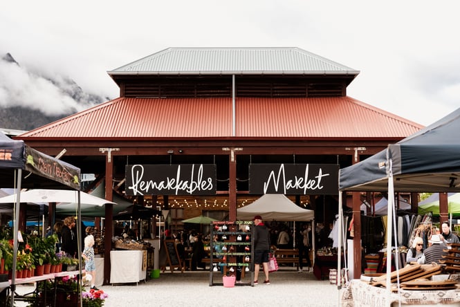 The entrance to Remarkables Market on a cloudy day.